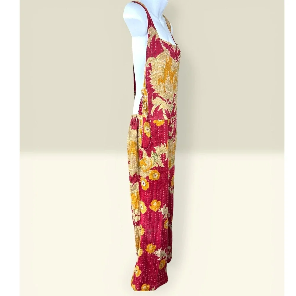 Kantha Karma NWOT Quilted Overalls Size L-XL Gold Floral Patchwork Handcrafted‎